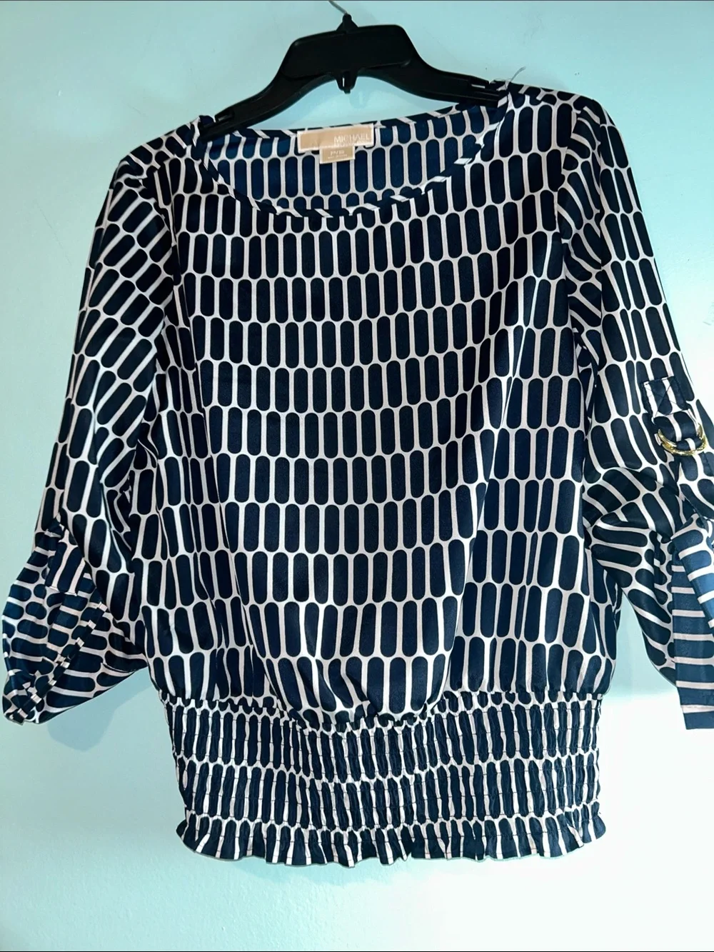 Michael Kors Navy & White Patterned Blouson Top